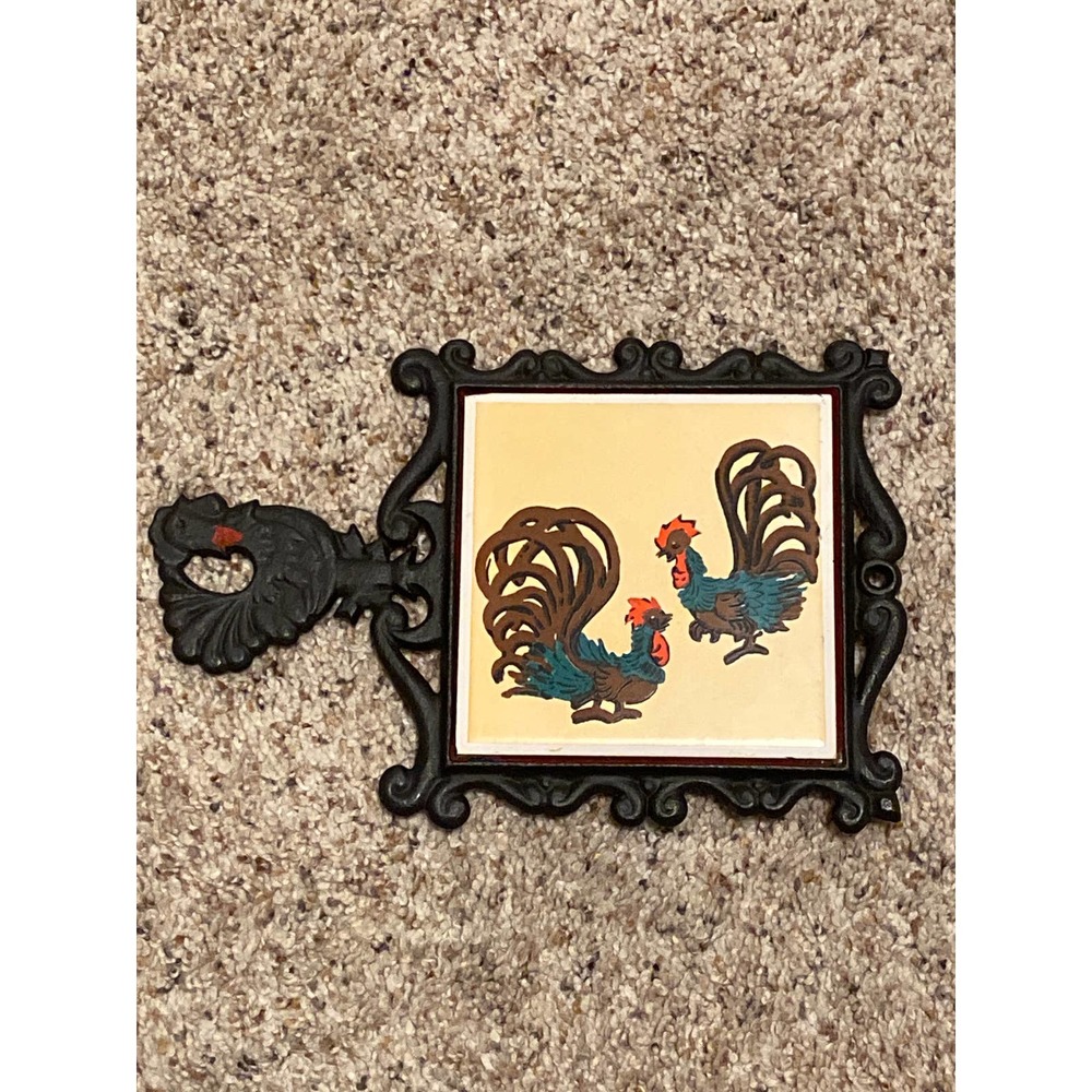 Vintage  Cast Iron Rooster Trivet Japan Cherry Chickens Wall Hanging